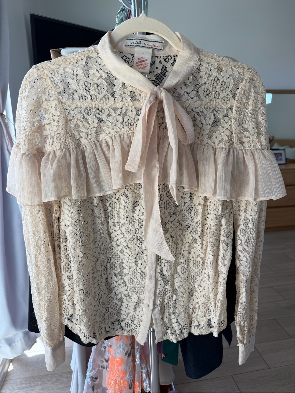 A. Calin by Flying Tomato Cream Lace Tie-Neck Blouse